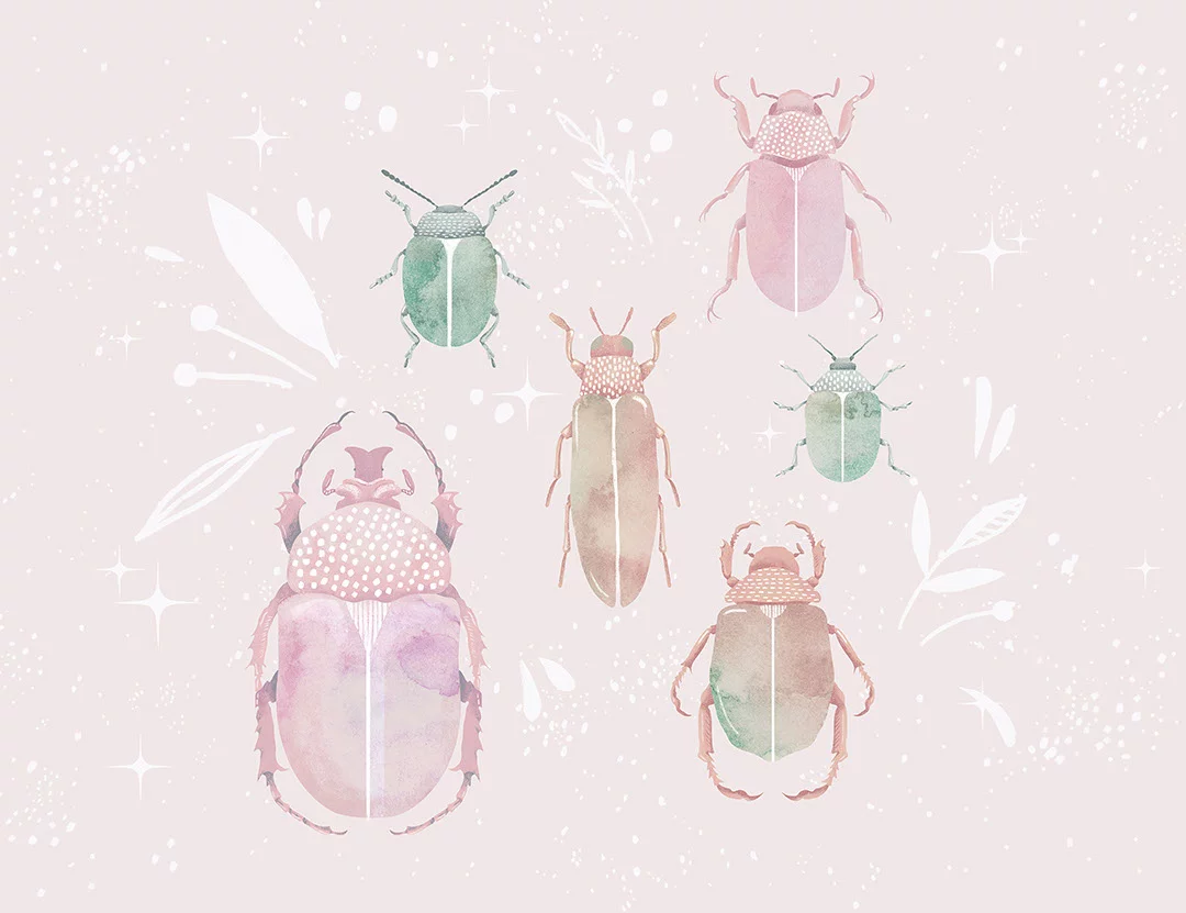 Pastel watercolor wall mural with beetles and leaves