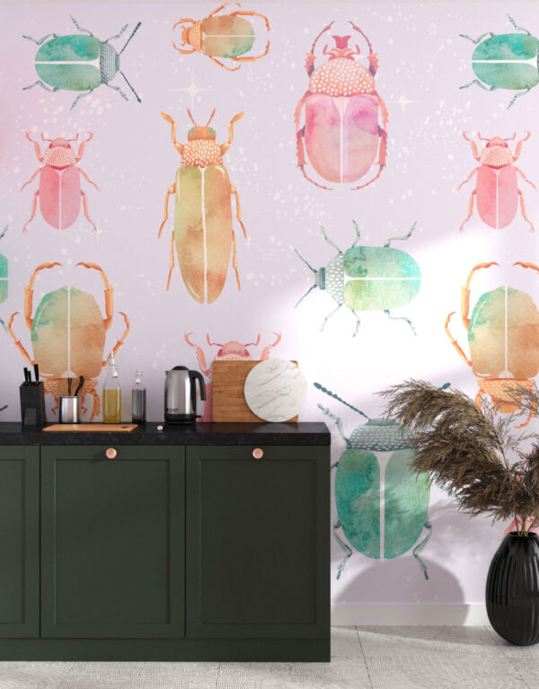 Bright watercolor beetles patterned wallpaper for the kitchen