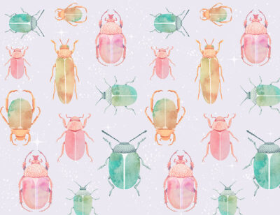 Bright watercolor beetles patterned wallpaper