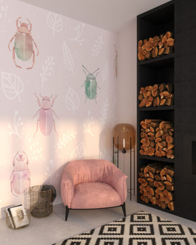 Colorful beetles, leaves and twigs patterned wallpaper for the living room