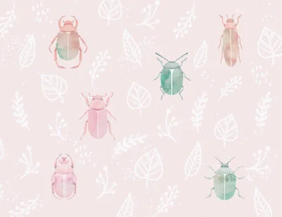 Colorful wall mural with beetles, leaves and twigs