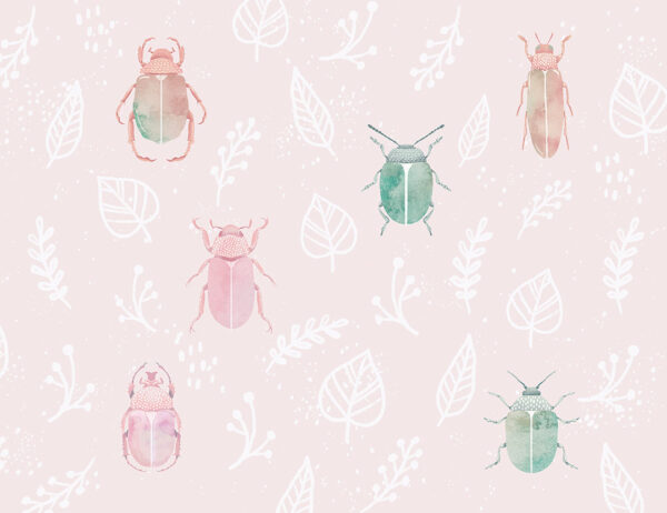 Colorful beetles, leaves and twigs patterned wallpaper