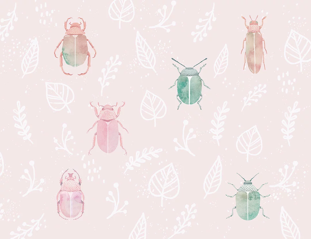 Colorful wall mural with beetles, leaves and twigs