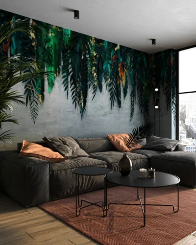Tropical leaves with gold 3D wall mural for the living room