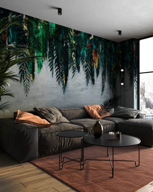Tropical leaves with gold 3D wall mural for the living room