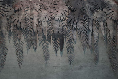 Tropical 3D wall mural with graphite stone palm leaves
