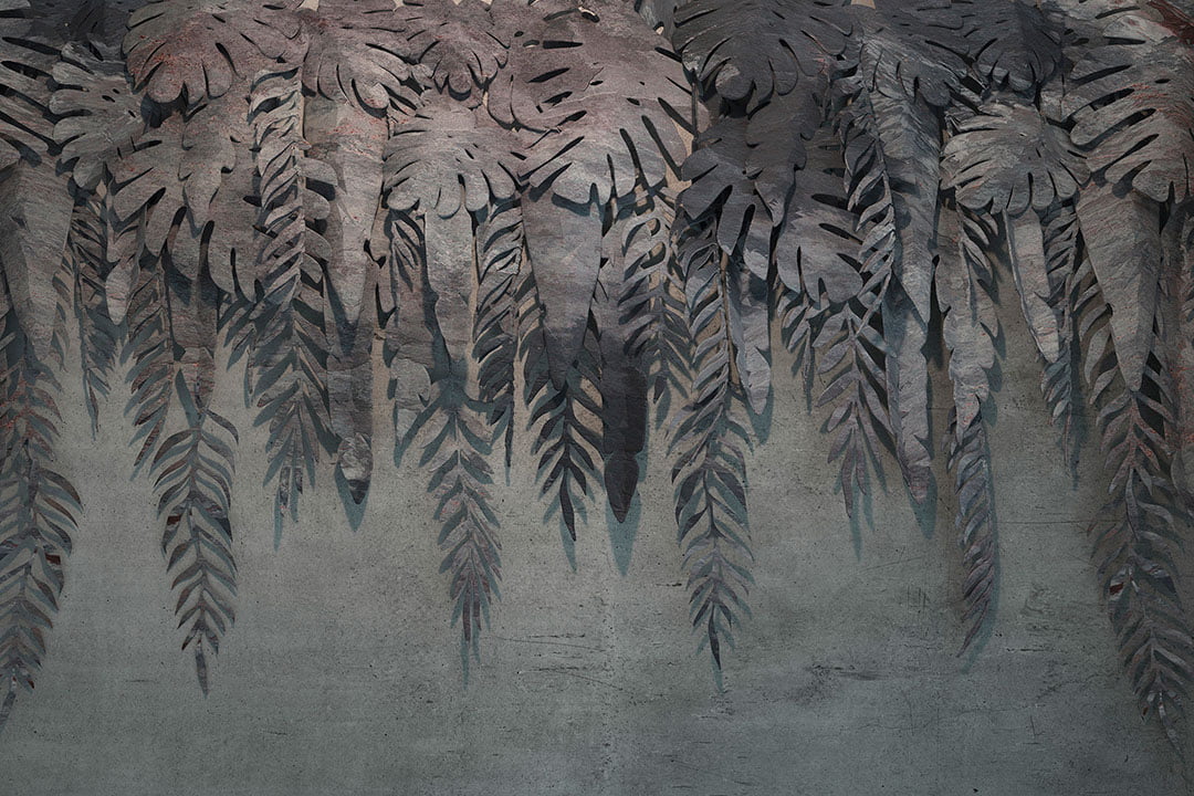 Tropical 3D wall mural with graphite stone palm leaves