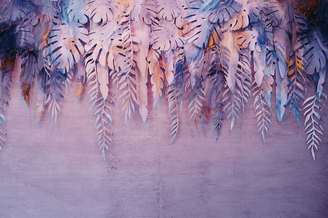 Tropical 3D wall mural with bright stone palm leaves