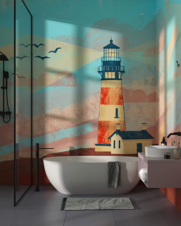 Lighthouse among the picturesque landscape wall mural for the bathroom