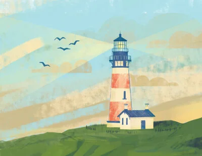 Lighthouse among the picturesque green landscape wall mural