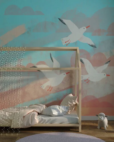Seagulls and geometric clouds patterned wallpaper for a children's room