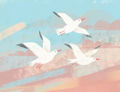 Seagulls and geometric clouds kids wallpaper