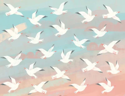 Seagulls and geometric clouds in the sky patterned kids wallpaper