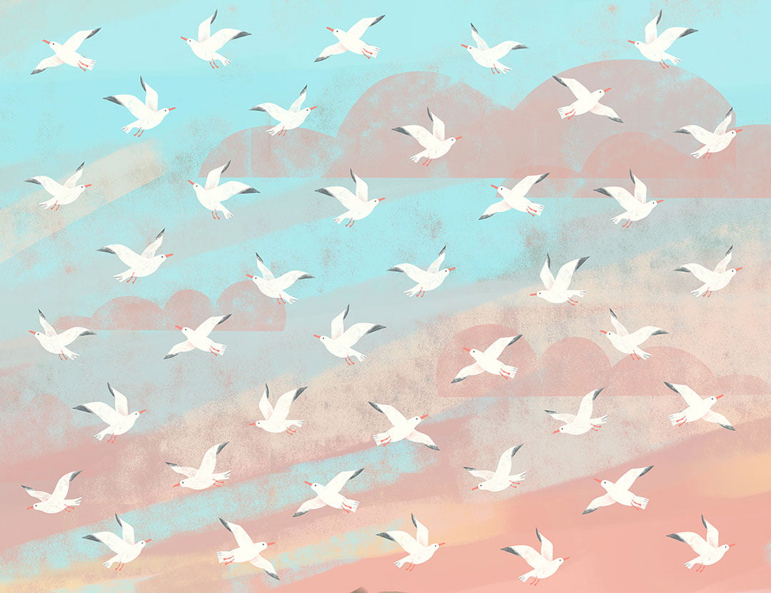 Little seagulls and geometric clouds in the sky patterned kids wallpaper