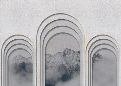 Arches with mountains 3D wall mural on a gray textured background
