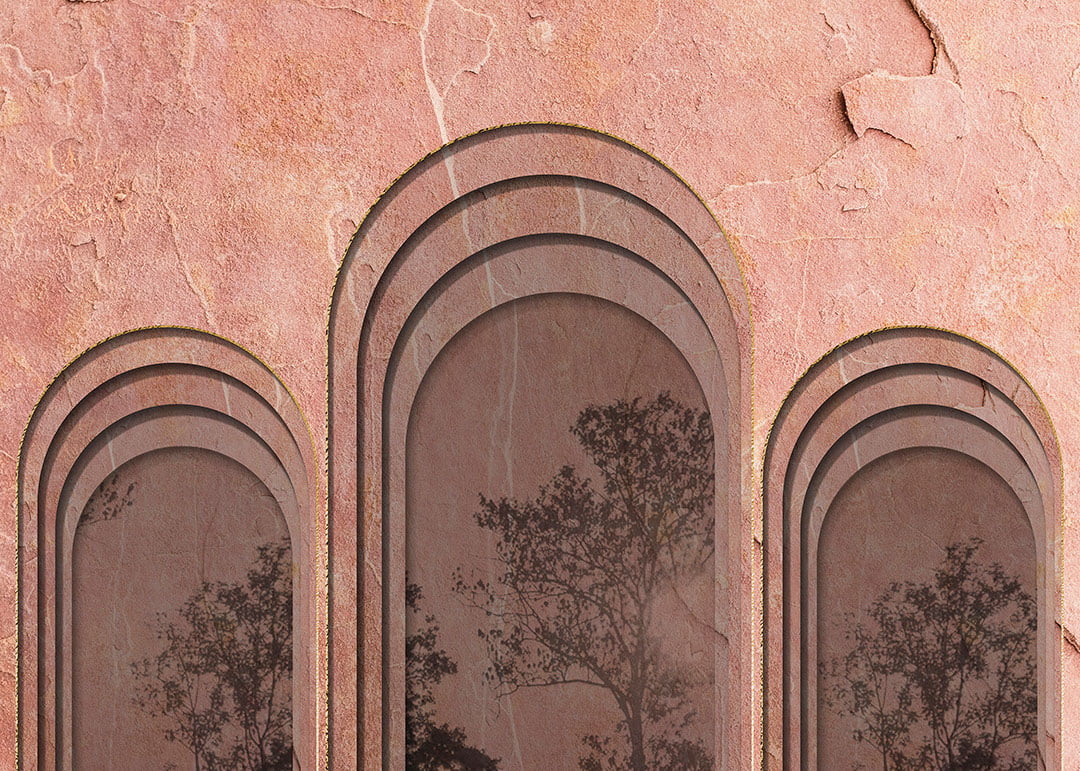 Arches with trees 3D wall mural on a peachy textured background