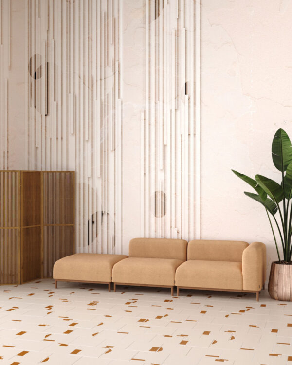 Asymmetrical geometry with textured plaster wall mural for the living room