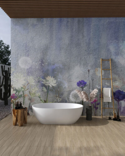 Watercolor wildflowers and dandelions wall mural for the bathroom
