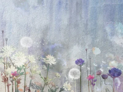 Nature wall mural with watercolor wildflowers and dandelions on the textured background