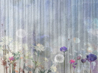 Nature wall mural with watercolor wildflowers and dandelions on the striped background