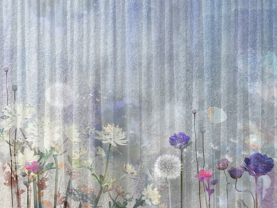 Nature wall mural with watercolor wildflowers and dandelions on the striped background