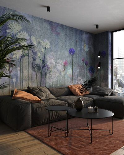 Watercolor wildflowers wall mural with canvas texture for the living room