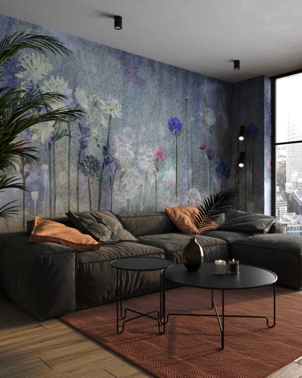 Nature wall mural for the living room with watercolor wildflowers on canvas texture