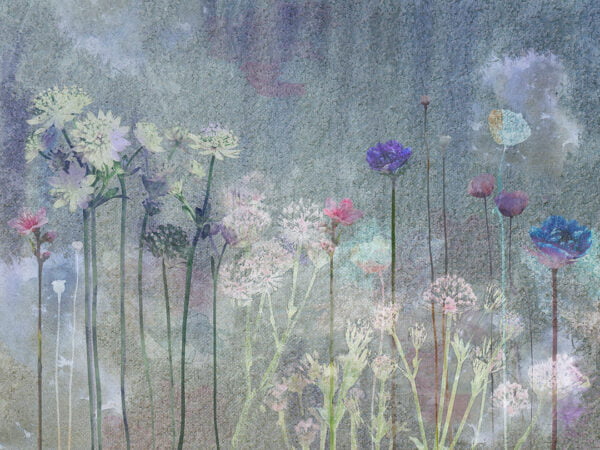 Nature wall mural with watercolor wildflowers on canvas texture