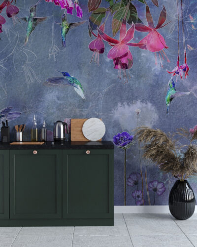 Bright hummingbirds with delicate flowers wall mural for the kitchen