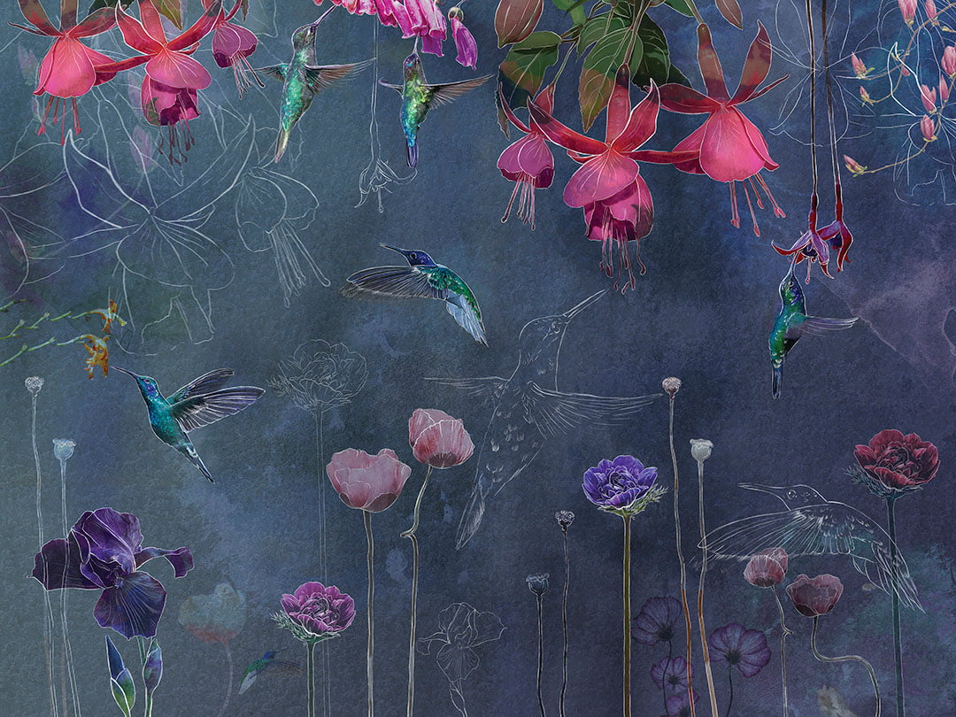 Designer wall mural with bright hummingbirds and flowers on the navy blue background