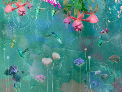 Designer wall mural with bright hummingbirds and flowers on the green background