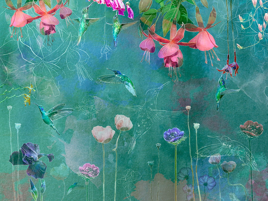 Designer wall mural with bright hummingbirds and flowers on the green background