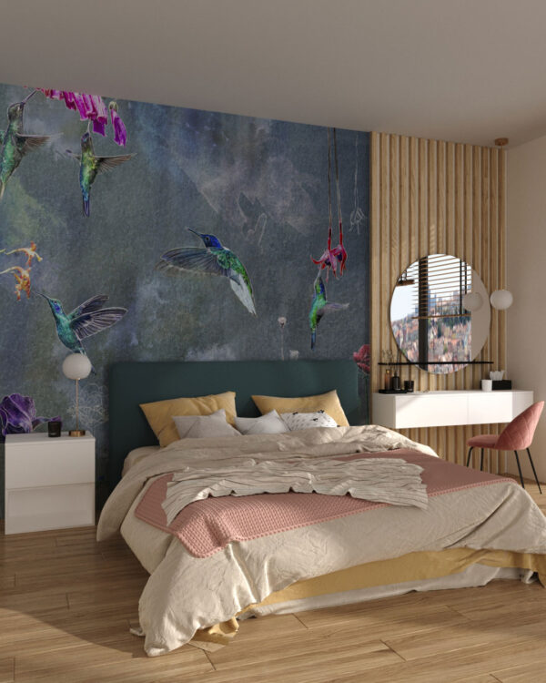 Neon hummingbirds and watercolor flowers wall mural for the bedroom
