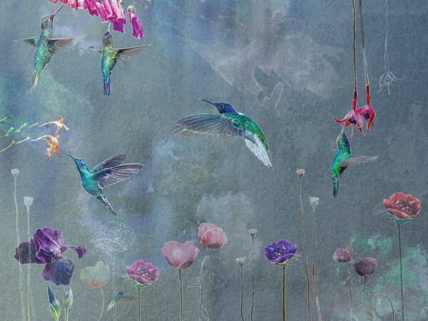 Neon hummingbirds and watercolor flowers wall mural