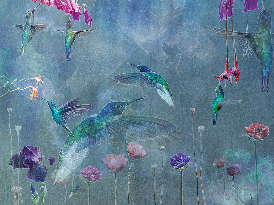 Colorful hummingbirds and watercolor flowers wall mural