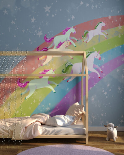 Unicorns on the rainbow wall mural for a children's room