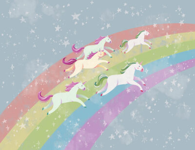 Unicorns on the rainbow in space wall mural