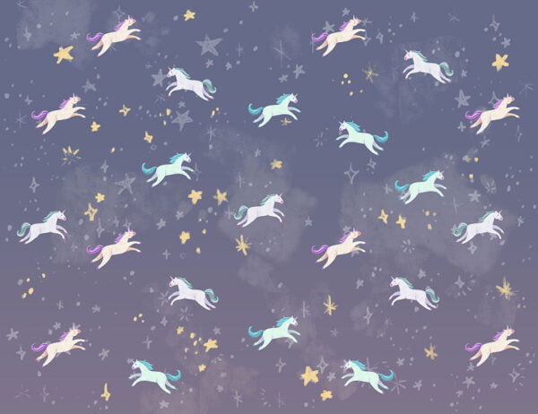 Kids wallpaper with pattern of cute tiny unicorns on a dark sky