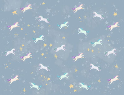 Kids wallpaper with pattern of cute tiny unicorns on a blue sky