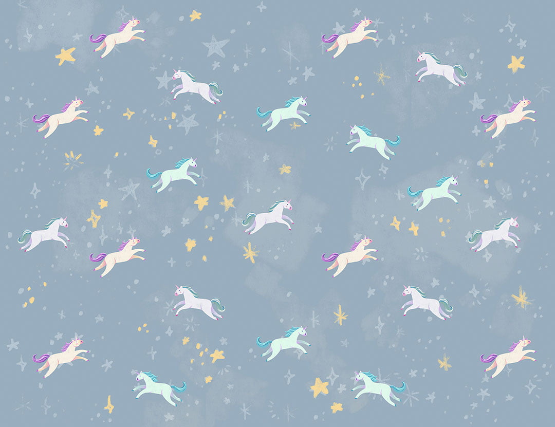 Kids wallpaper with pattern of cute tiny unicorns on a blue sky
