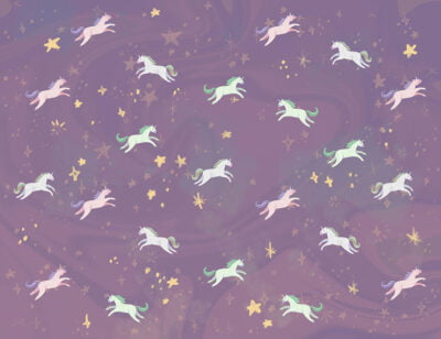 Kids wallpaper with pattern of cute tiny unicorns on a violet sky