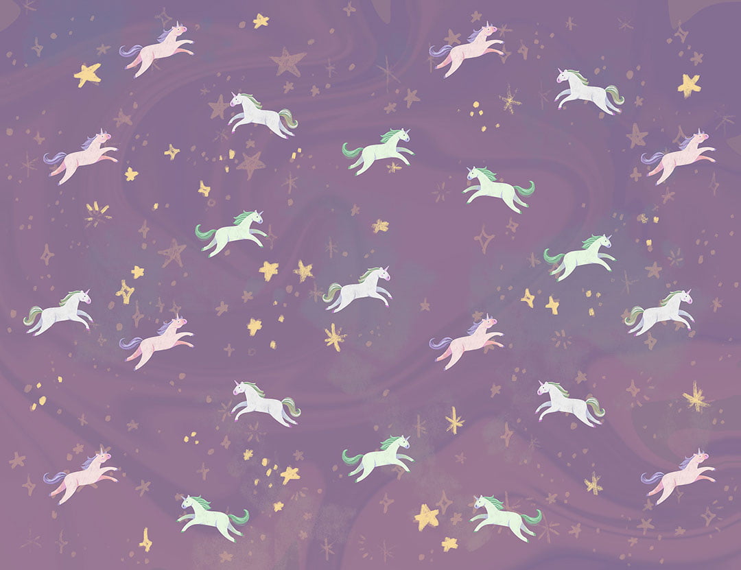 Kids wallpaper with pattern of cute tiny unicorns on a violet sky