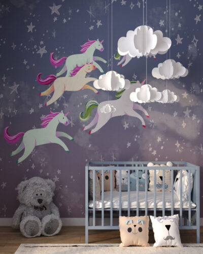 Herd of unicorns among the stars wall mural for a children's room