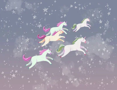 Kids wall mural with herd of unicorns among the stars in blue sky
