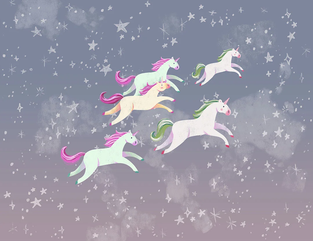 Kids wall mural with herd of unicorns among the stars in blue sky