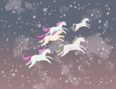 Kids wall mural with herd of unicorns among the stars in dark sky