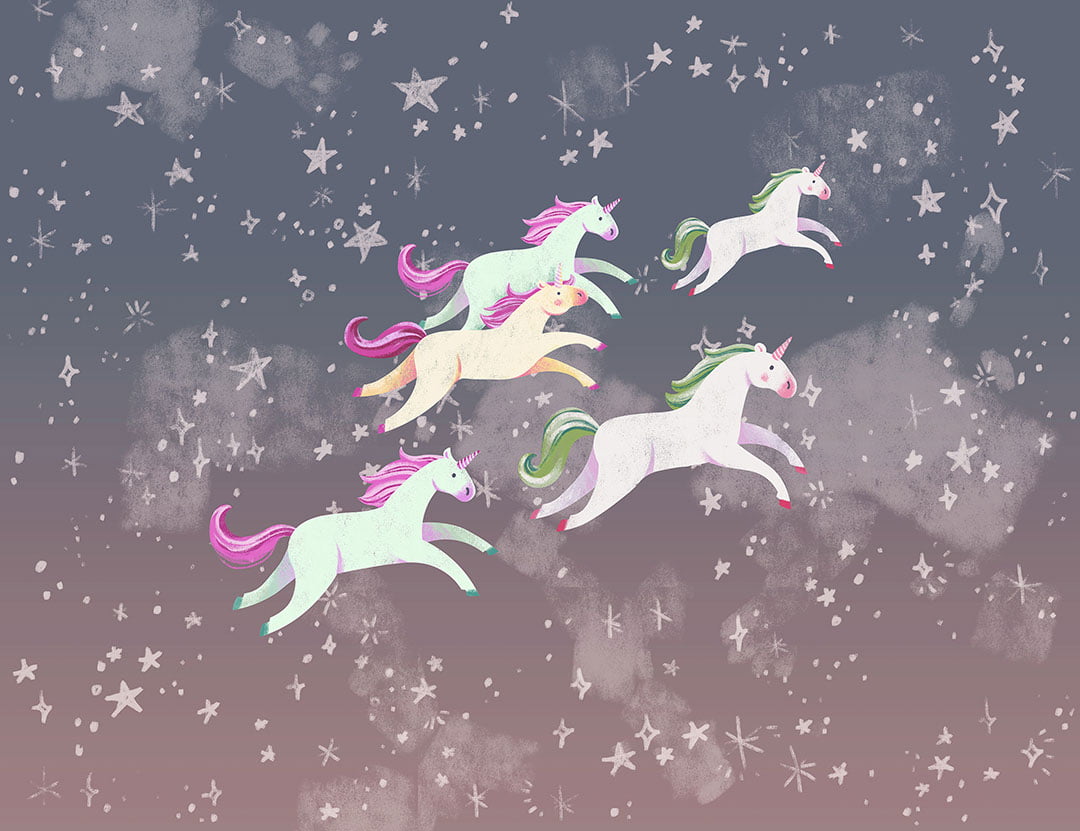 Kids wall mural with herd of unicorns among the stars in dark sky