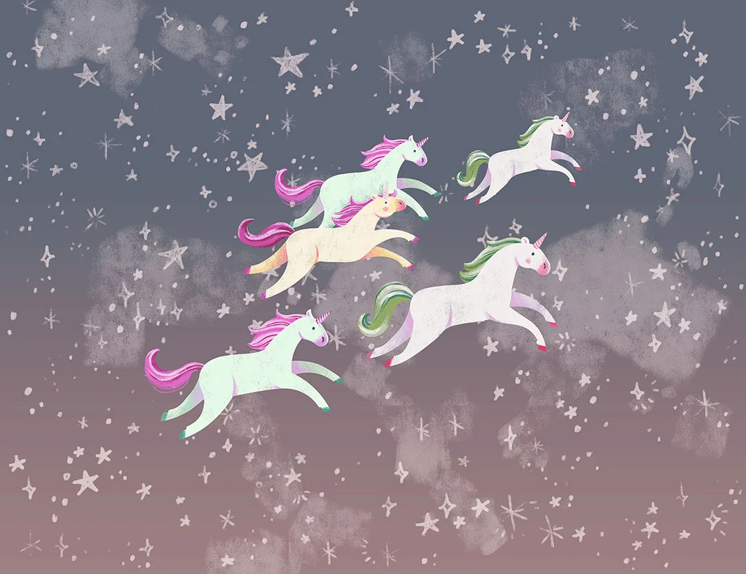 Kids wall mural with herd of unicorns among the stars in dark sky