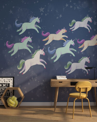 Group of unicorns in the sky wall mural for a children's room