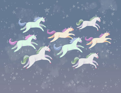 Group of unicorns in the sky wall mural